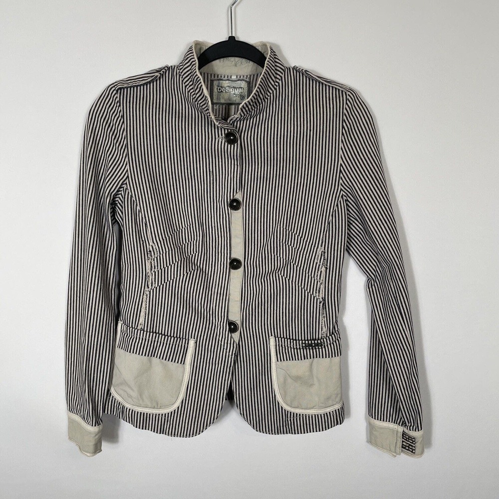 Desigual Charcoal Londres Blazer Jacket Women's Size 36 Striped Raw Edge Cotton